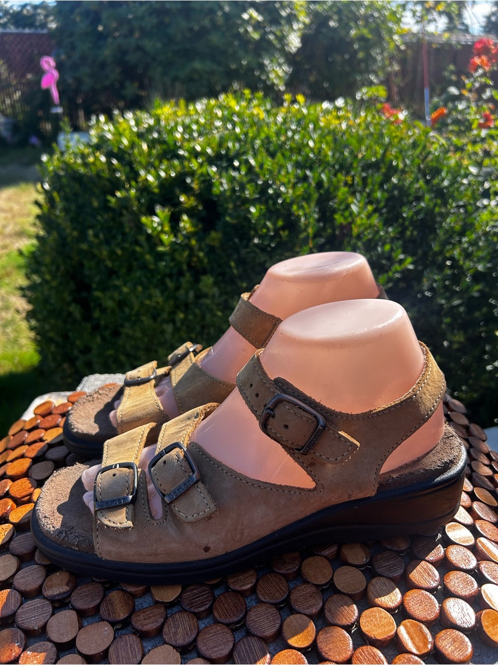 Dexter Women's Tan Leather Slide Wedge Hook and Loop Ankle Strap Sandals Sz 8M